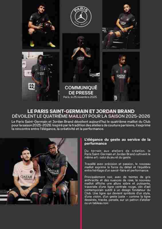 巴黎公布本賽季第四款球衣：黑色主調(diào)，搭配炭灰色和玫瑰色漸變